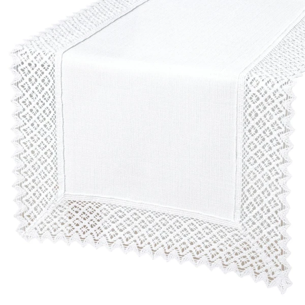 Bieżnik plamoodporny P130 biały z koronką K307 białą