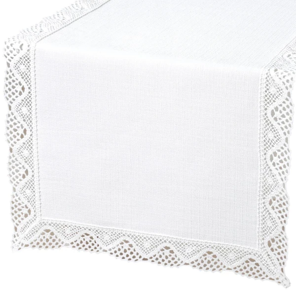 Bieżnik plamoodporny P130 biały z koronką K205 białą