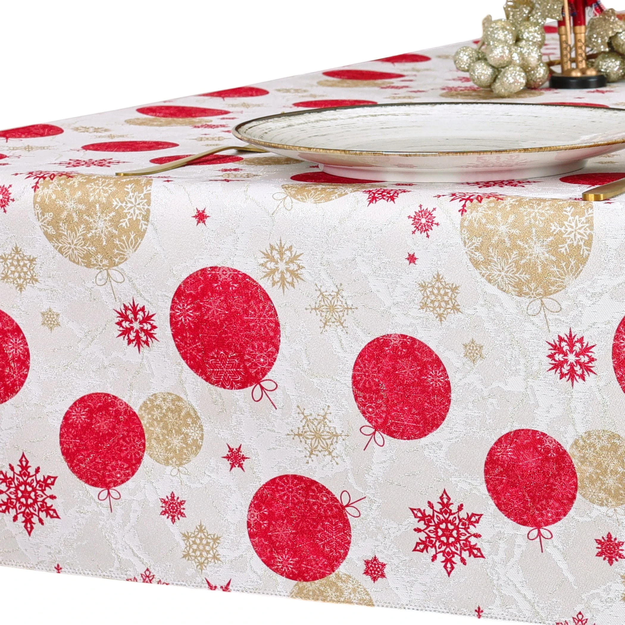 Obrus Plamoodporny Bożonarodzeniowy- Złote i Czerwone Bomb