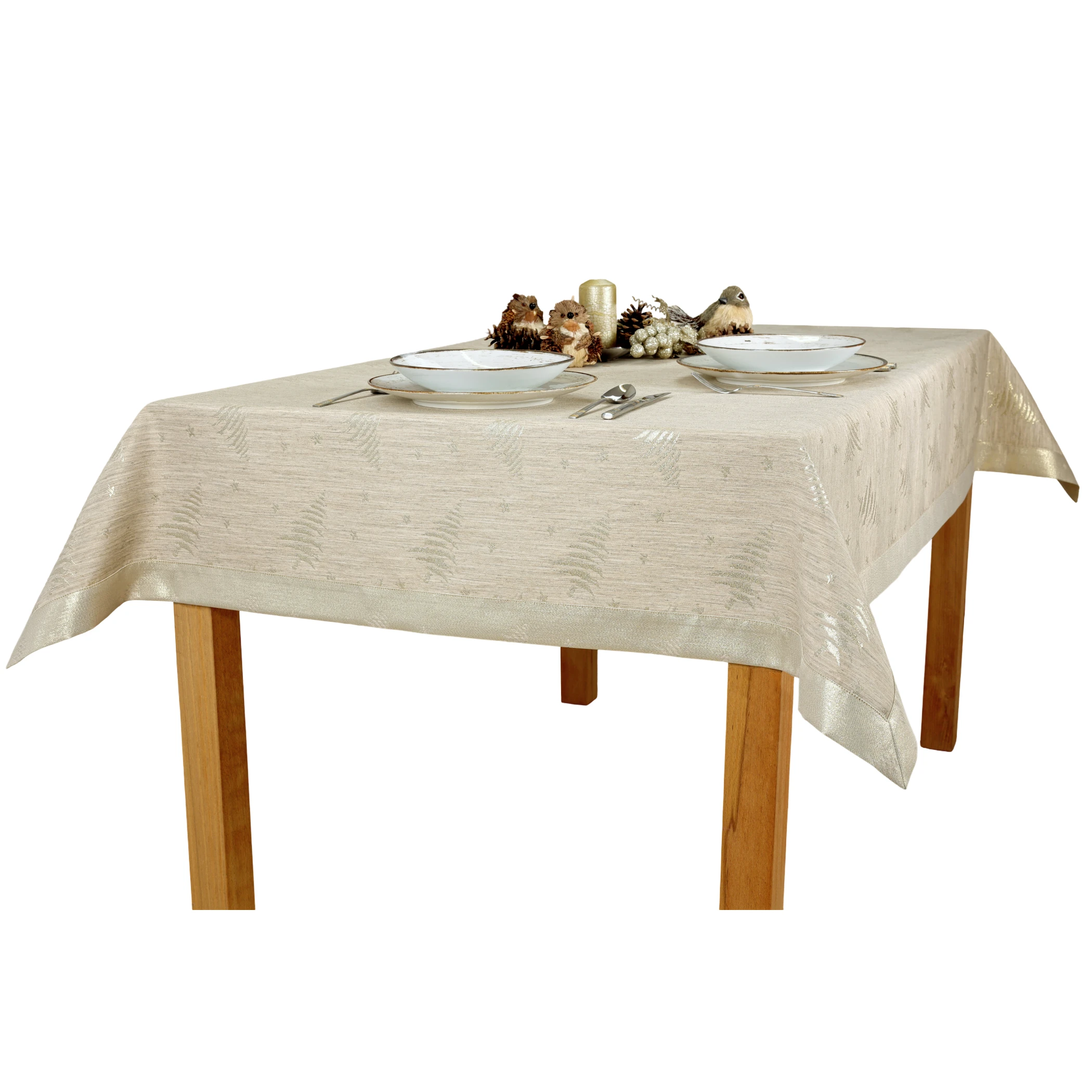 Elegancki, Beżowo-Złoty Obrus Bożonarodzeniowy Plamoodpor