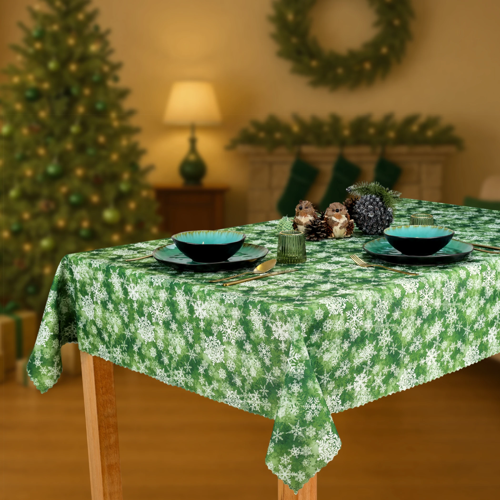 Obrus Bożonarodzeniowy Plamoodporny Zielony w Śnieżynki  