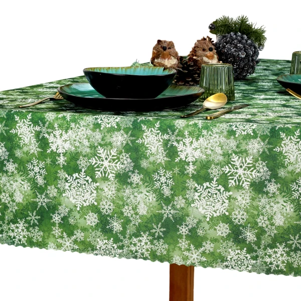 Obrus Bożonarodzeniowy Plamoodporny Zielony w Śnieżynki  