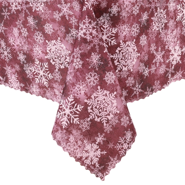 Obrus Bożonarodzeniowy Plamoodporny Bordowy w Śnieżynki -