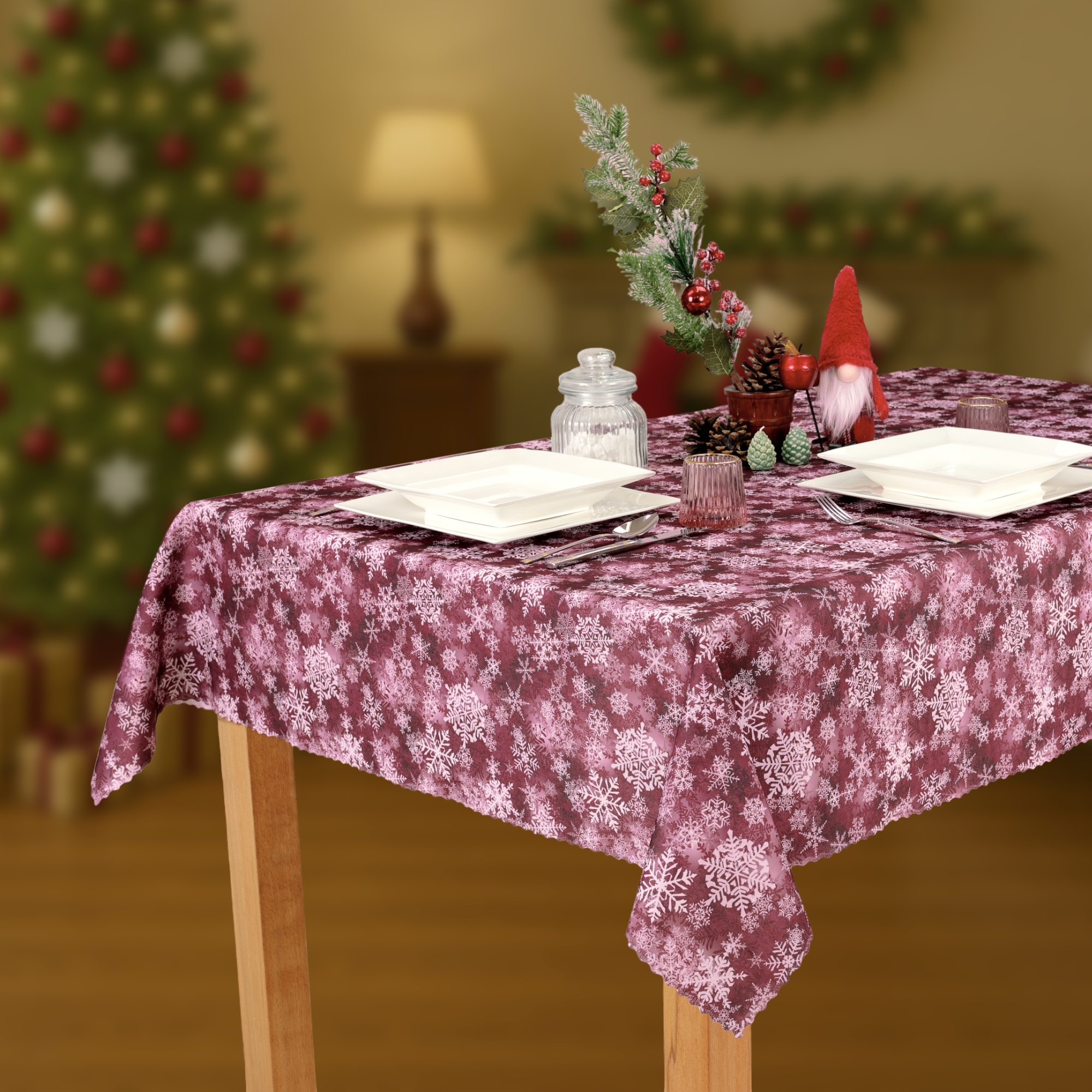 Obrus Bożonarodzeniowy Plamoodporny Bordowy w Śnieżynki -