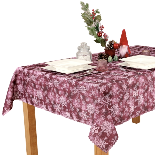 Obrus Bożonarodzeniowy Plamoodporny Bordowy w Śnieżynki -