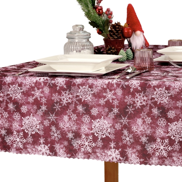 Obrus Bożonarodzeniowy Plamoodporny Bordowy w Śnieżynki -